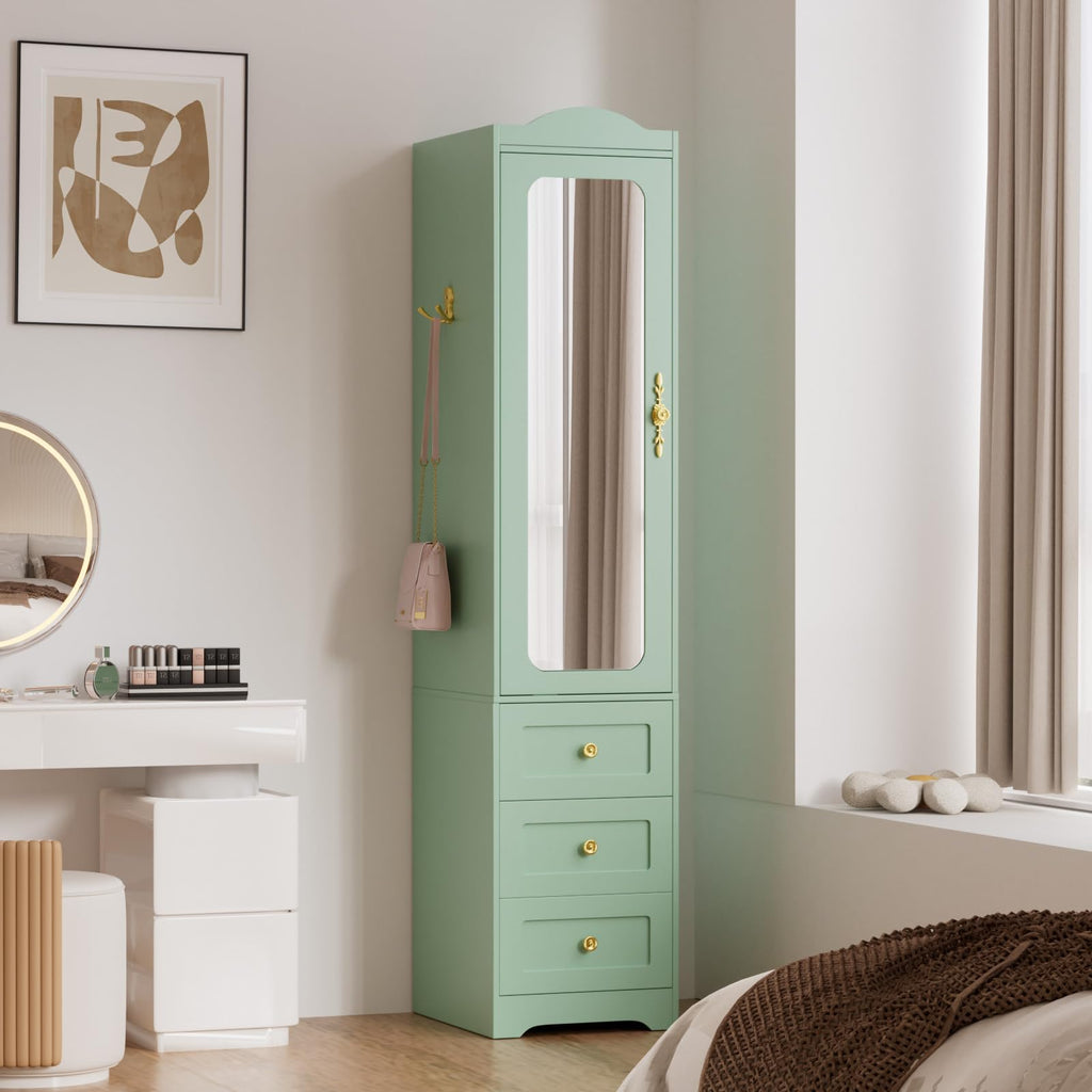 Armoire Wardrobe Closet, 69.5" H Wood Bedroom Armoires Cabinet with Mirror Door and 3 Drawers, Green Clothing Storage