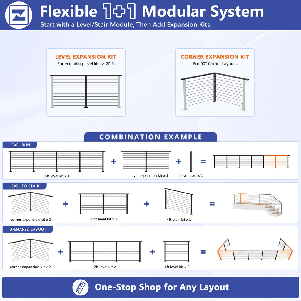 12ft-16ft Modular 42in Cable Railing System for Deck with Handrail