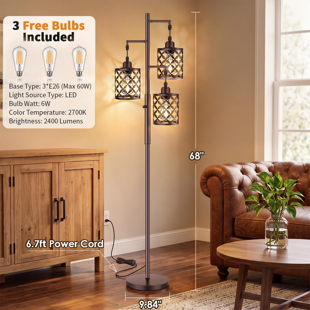 Industrial Tree Floor Lamp, 68" Dimmable Farmhouse Tall Standing Lamp with Quatrefoil Cutout Shades & Rotary Dimmer
