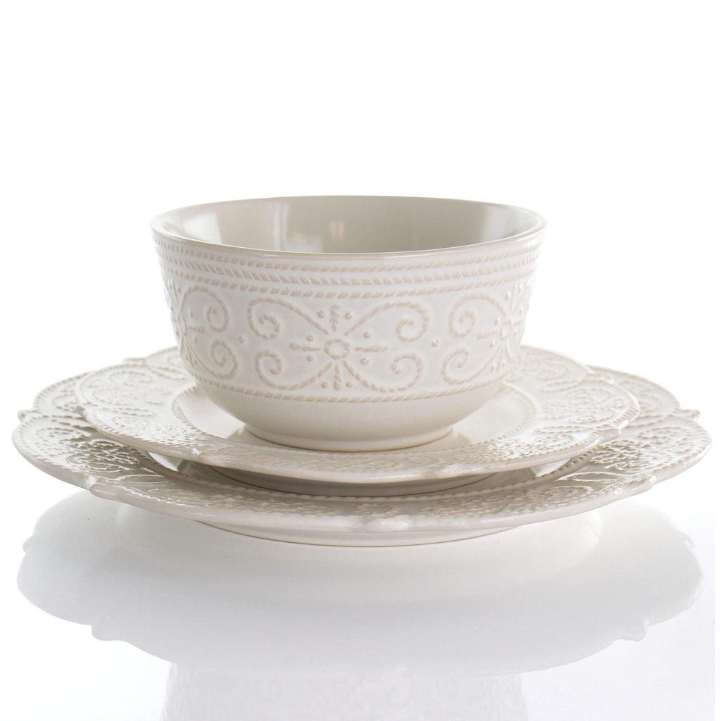 Round Decorated Stoneware Scallop Embossed Dinnerware Dish Set, 16 Piece, Luna