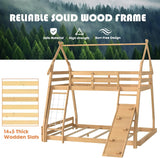Bunk Bed Twin Over Full, Wooden House Bunk Bed with Climbing Nets & Ramp