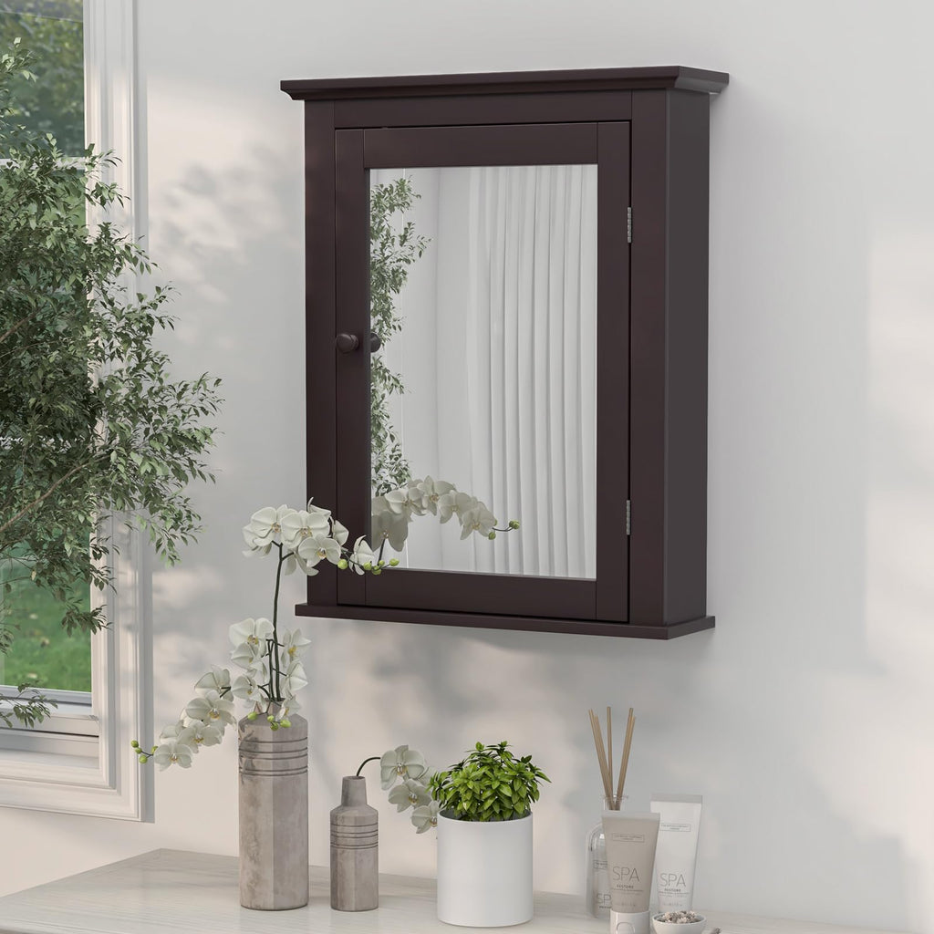 Brown Medicine Cabinet with Mirror, Wall Mounted Adjustable Storage