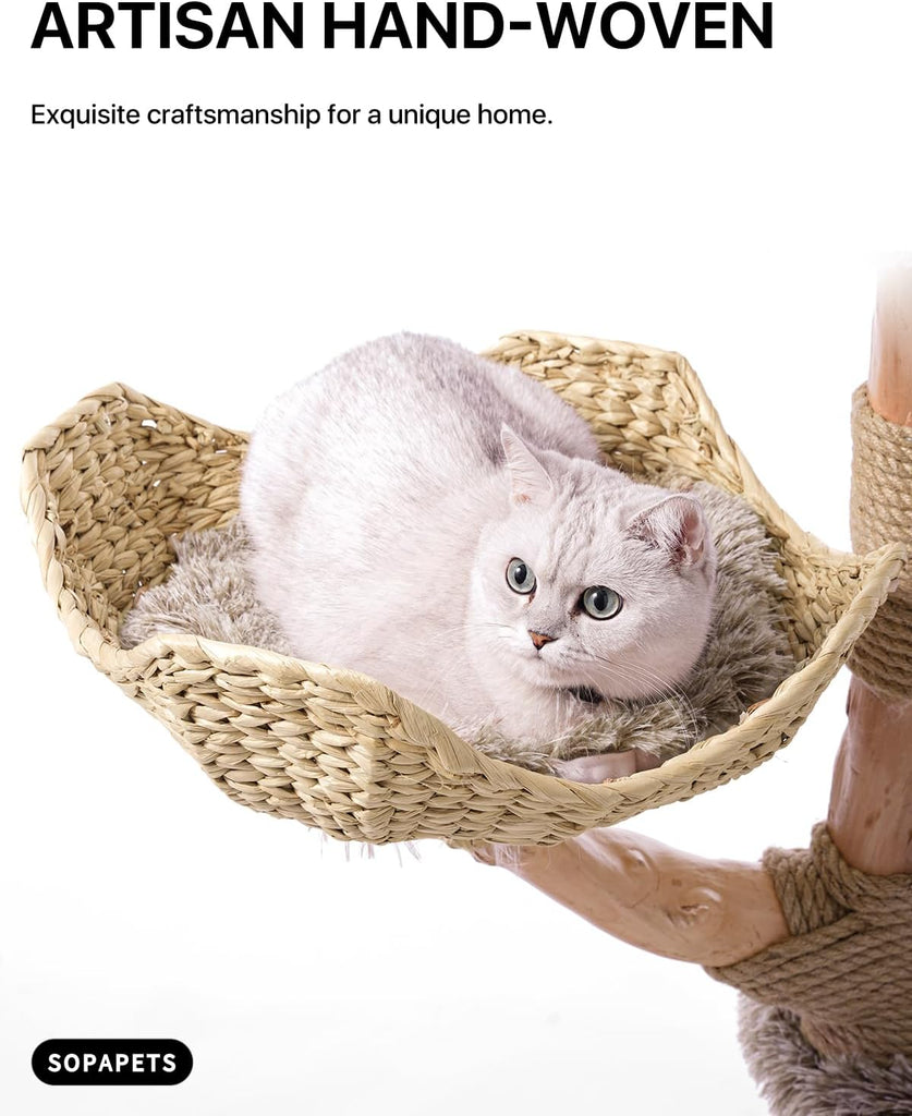 Solid Wood Cat Tree, Modern Cat Tower for Indoor Large Cats, Beige