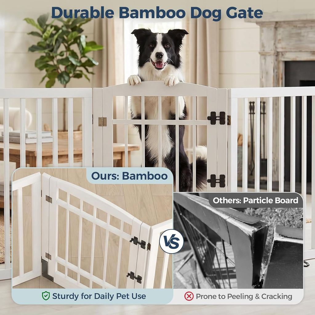 Dog Gate Indoor, 132" Wide Bamboo Pet Gate with Door, 30"H, White