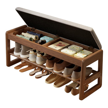 Shoe Bench with Storage, Wooden 2 Tiers with Flip-Top, Walnut, 39.3"