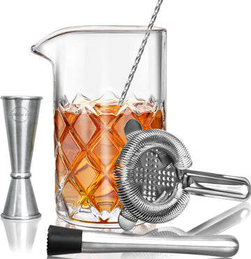 Cocktail Mixing Glass Set,Bar Mixing Set with 20oz Crystal Thick Bottom Glass,Spoon, Jigger,Strainer and Muddle,5 - Set of 5