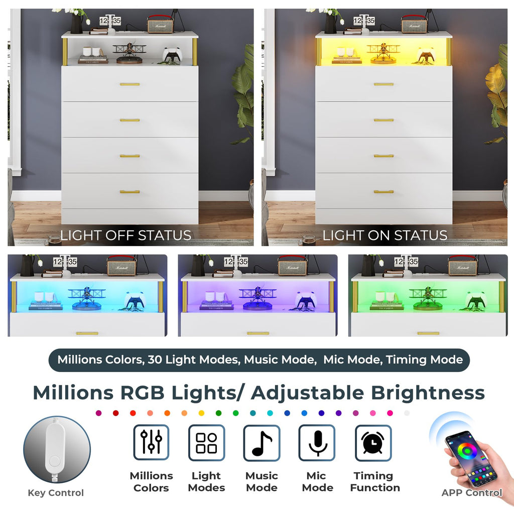 White with Column Design, 4 Drawer with Charging Station, Modern Bedroom Led Tall Closet