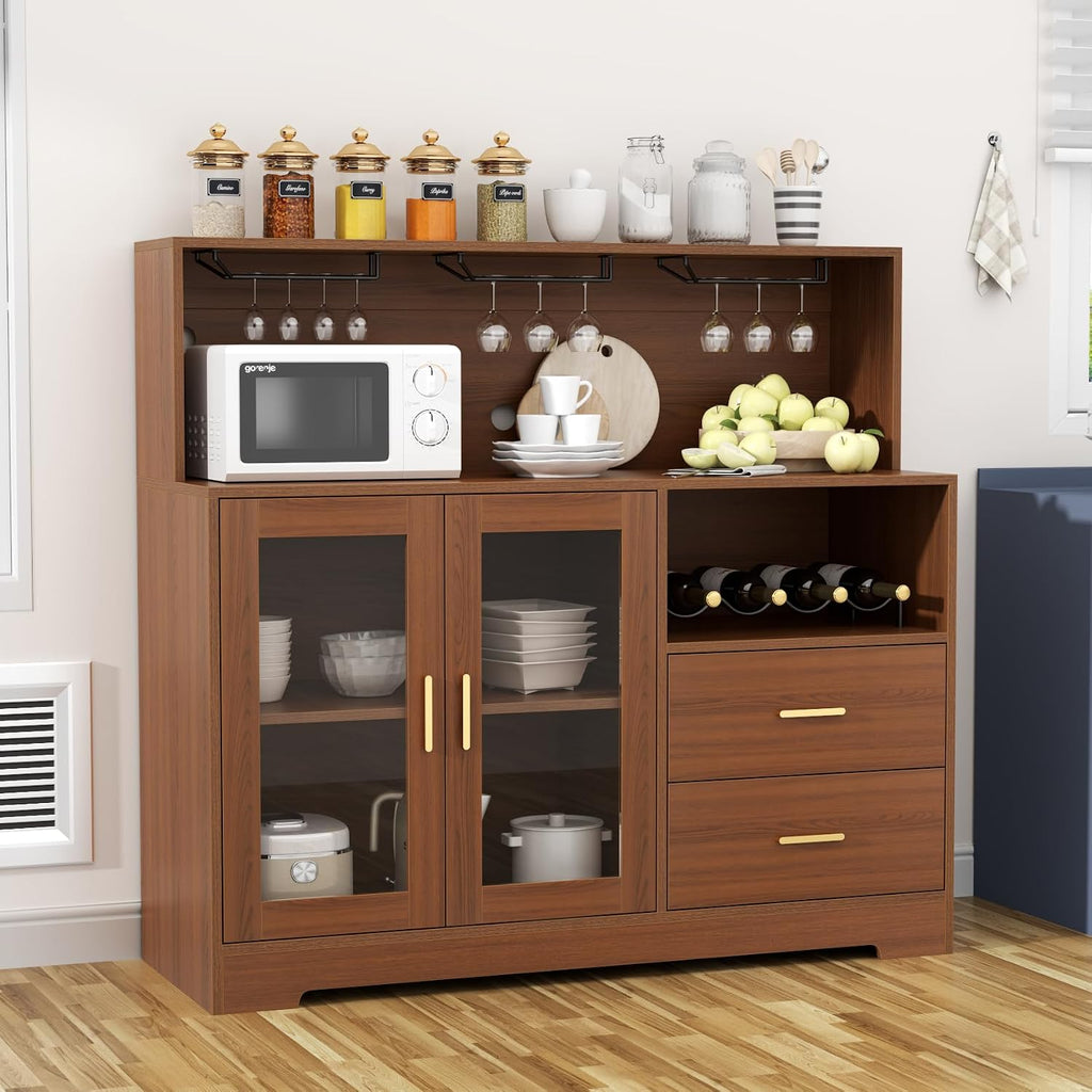 Bar Cabinet with LED Light,Coffee Bar Cabinet w/ Wine & Glass Rack | Kitchen Buffet Sideboard with Storage