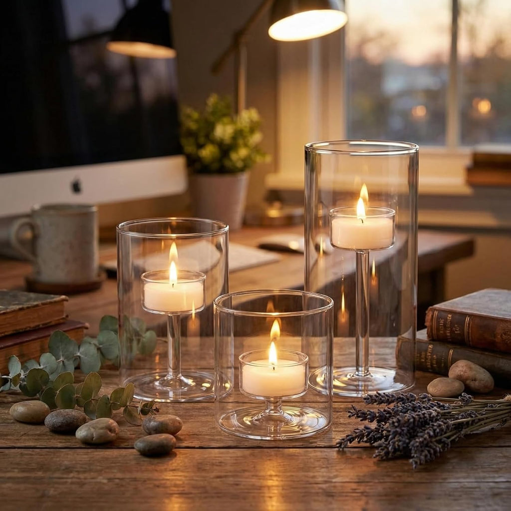 3 Set Hurricane Glass Candle Holders Pillar Votive Hand Blown Clear Cylinder Vase Modern Rustic Table Centerpieces