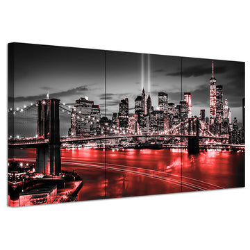 York Brooklyn Bridge Canvas Wall Black and RedCity Pictures Skyline Artwork Modern Night View Painting Living