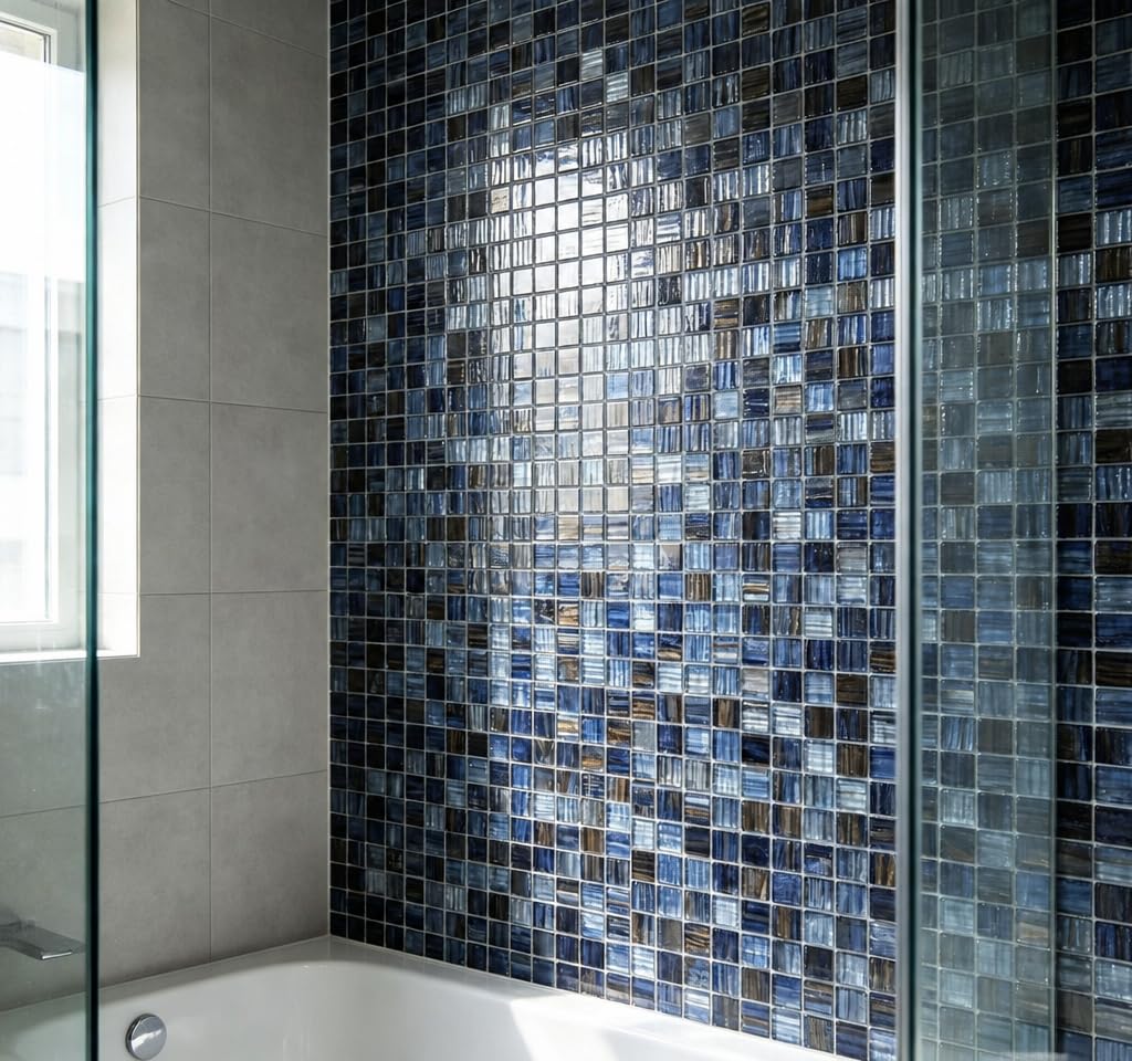 Glass Mosaic Tile Backsplash, 12" x 12" Dark Blue Square Glass Tile