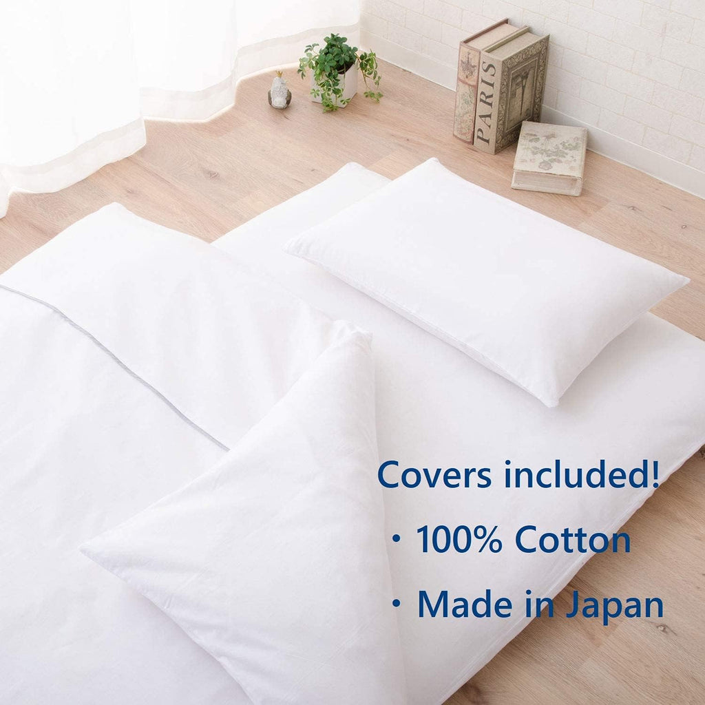 Japanese Futon Mattress Set (Mattress, Comforter & Pillow) with Covers (White) Made in Japan, Cotton