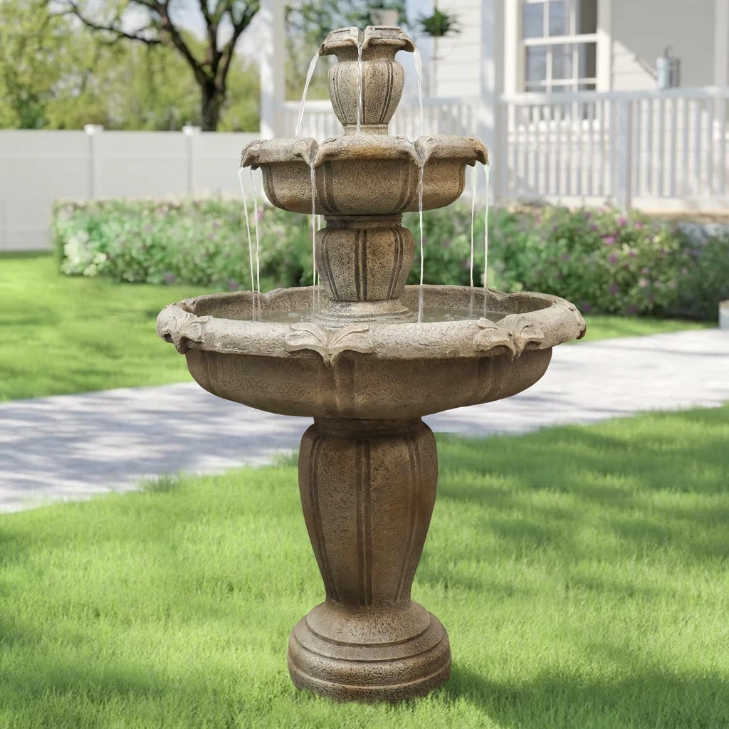 48” H Outdoor Floor Water Fountain, 3-Tiers Concrete Water Fountain with Submersible Electric Pump