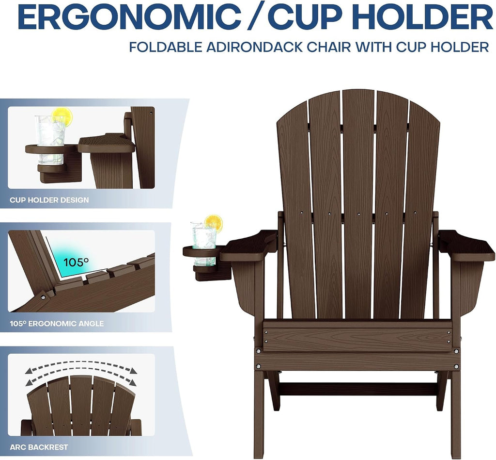 HDPE Folding Adirondack Chair with Cup Holder, Coffee | All-Weather Upgraded, Premium Wood Grain Texture,380lbs