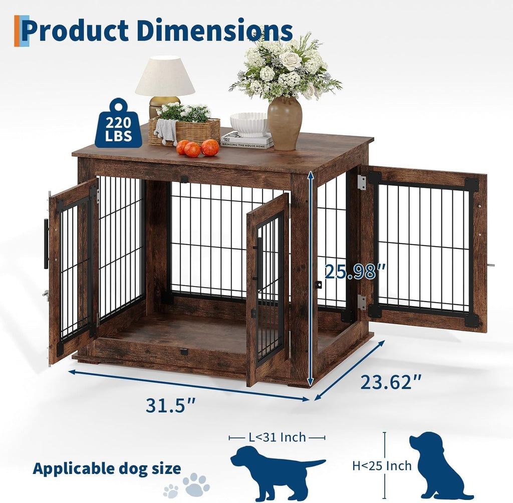 Medium Dog Crate Furniture Dual-Door, Wooden Dog Cage for Indoor Use, Dog Kennel for Small Medium Dogs