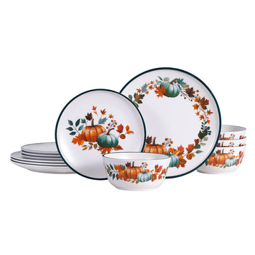 12-Piece Melamine Dinnerware Set for 4, Fall Pumpkin Plates and Bowls