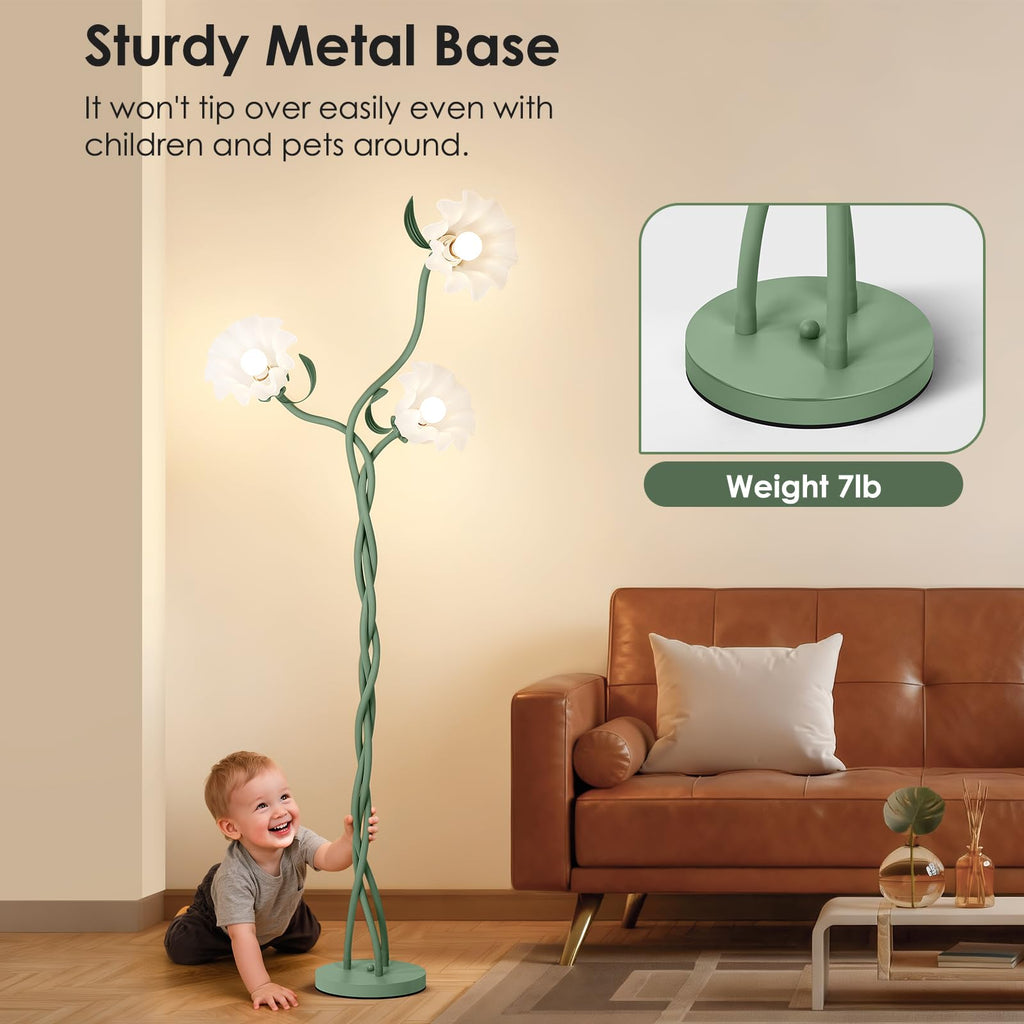 Floor Lamp, 3 Lights Green Flower Lamp, Modern Tall Standing Lamp with 3 Color Temperatures Flexible Gooseneck, Mid