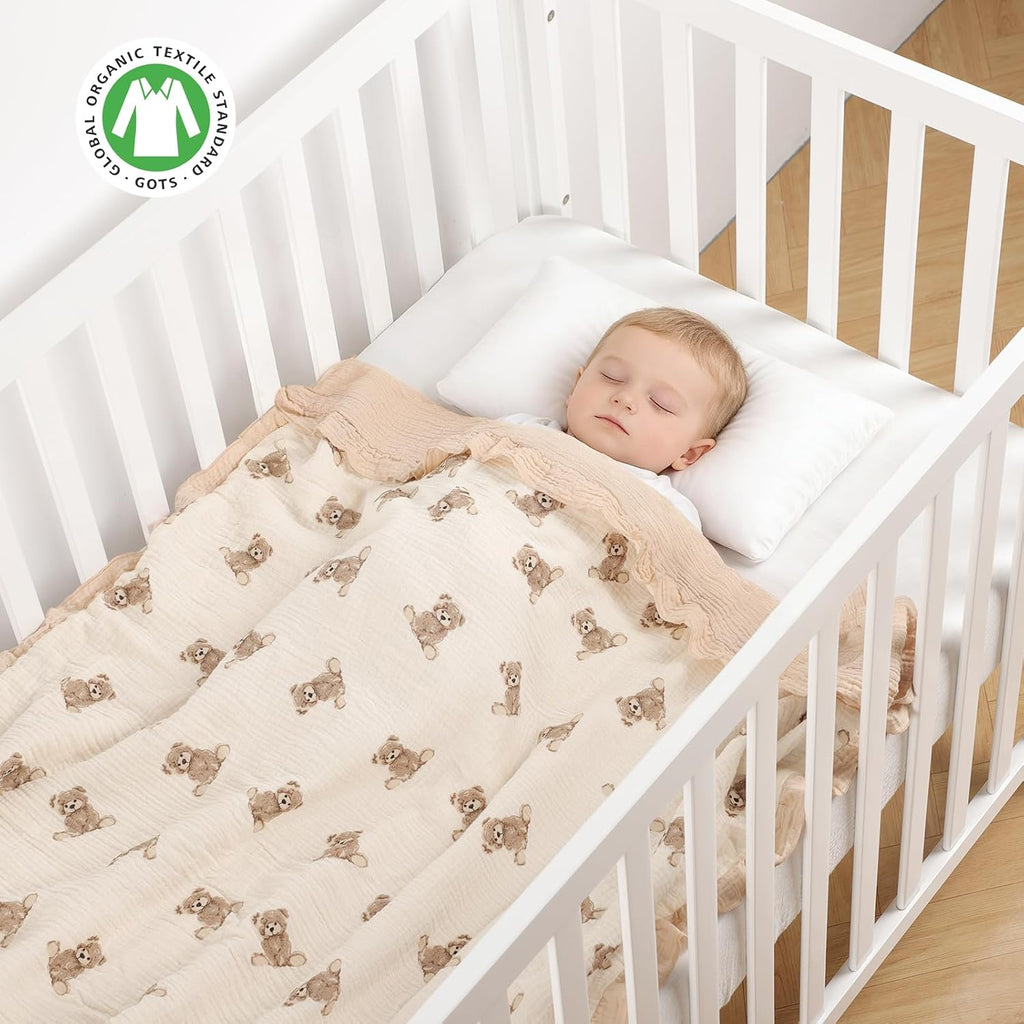 Organic Baby Blanket Flounce Edge Large 50"x43" Teddy Bear, 100% Muslin Cotton Soft Breathable Toddler Quilt Crib