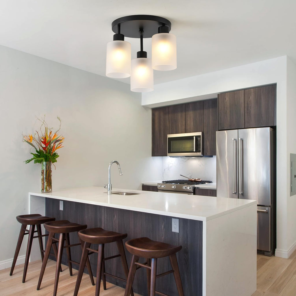 3-Light Industrial Farmhouse Black Matte Light Fixtures Ceiling Mount, with Frosted Glass Shades Semi Flush Mount