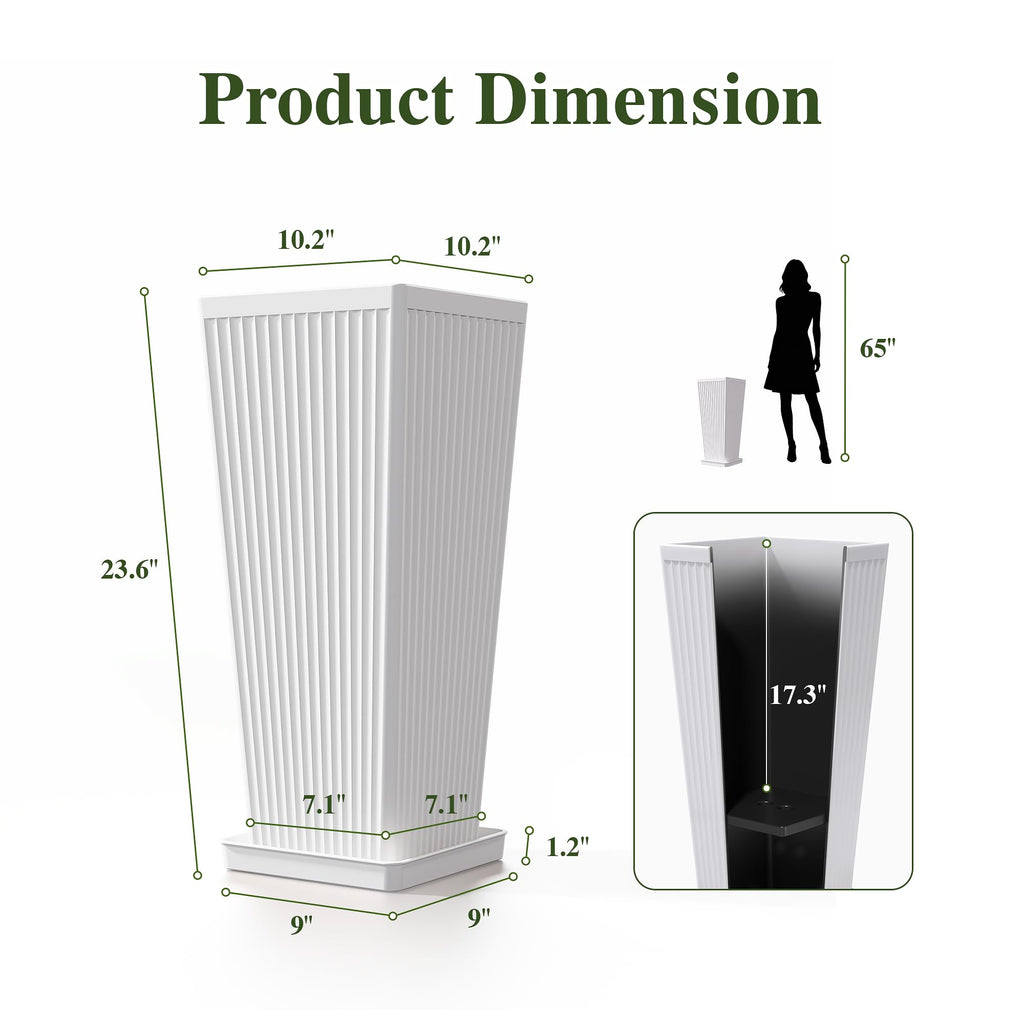 24" Tapered Tall Planters for Outdoor Plants with Tray&Shelf, White