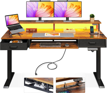 55 Inch Standing Desk with Drawers & Keyboard Tray, Rustic Brown | Power Outlet, LED Lights, Monitor Stand, Cable
