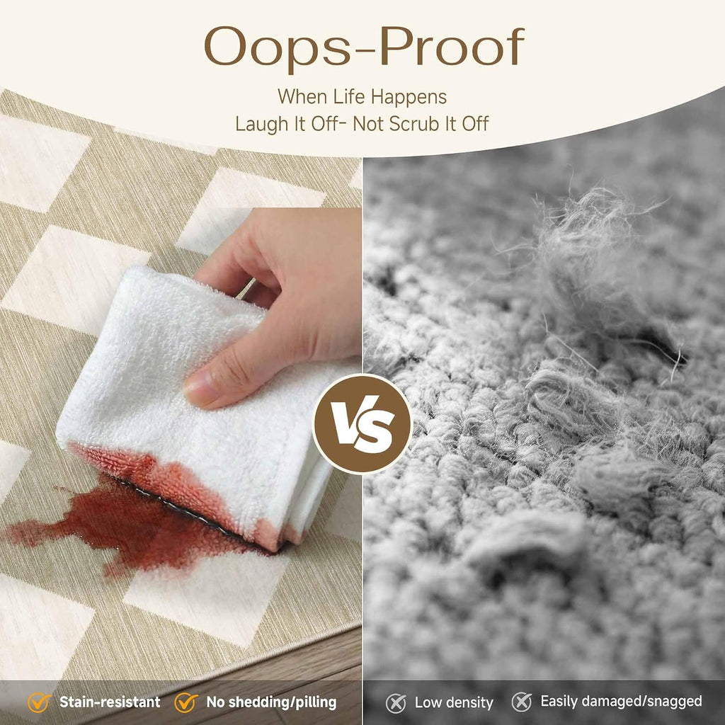 Washable Runner Rug Set Kitchen Beige Non Slip Checkered Carpet