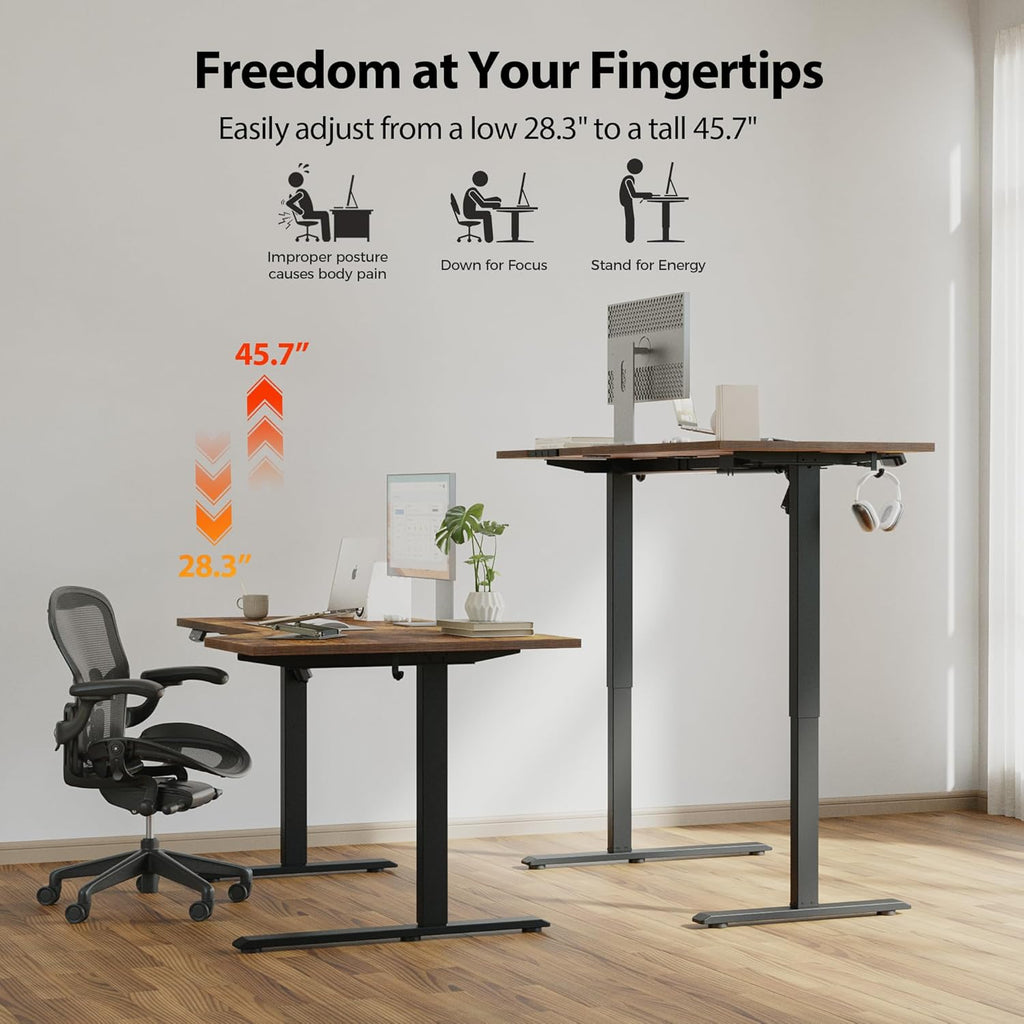 59 x 35 Inch Corner L Shaped Electric Standing Desk, Rustic Brown | Electric Height Adjustable, L-shape Workspace