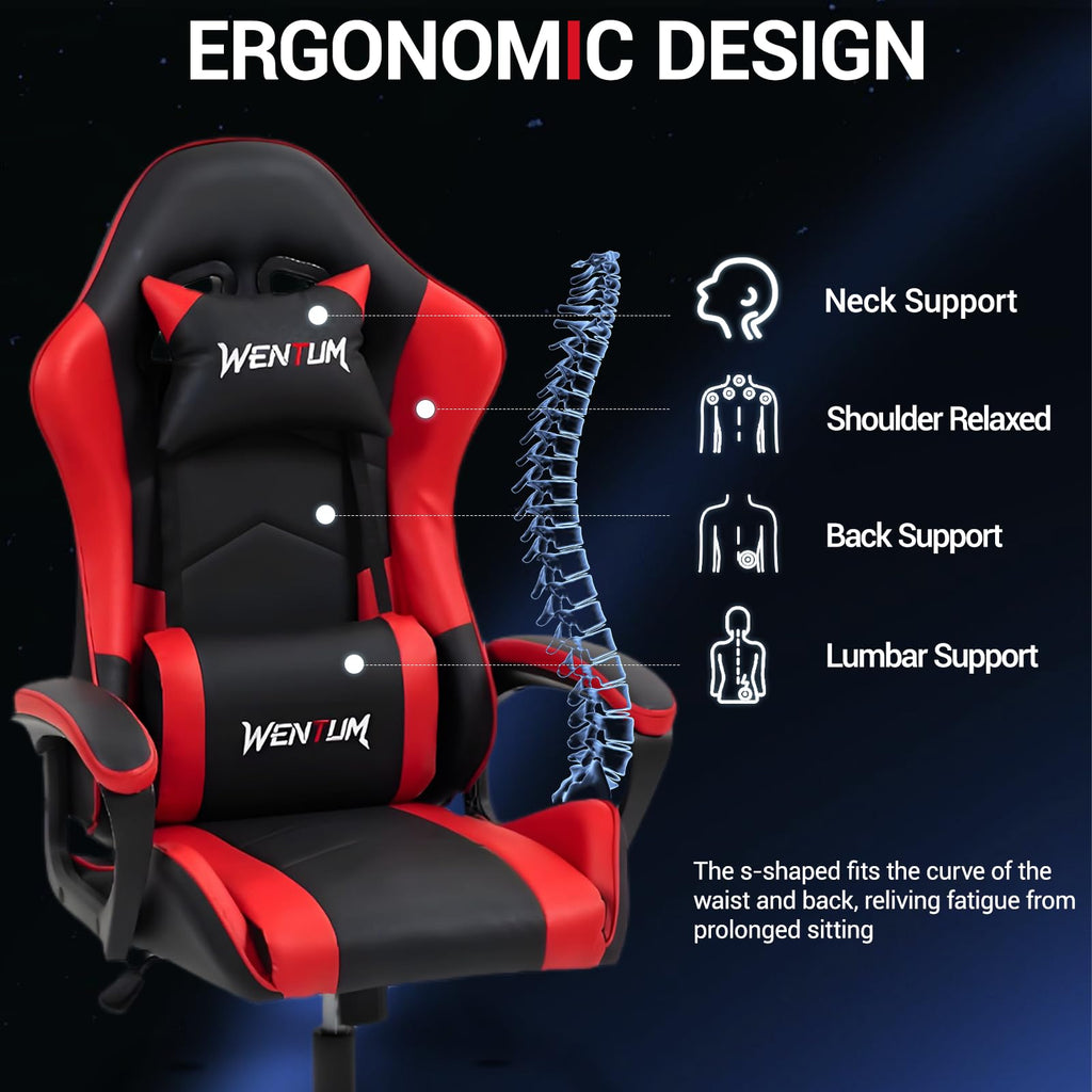 Gaming Chair PU Leather Massage PC Video Game Chair with Lumbar Support for Men Women, Home Office, Height