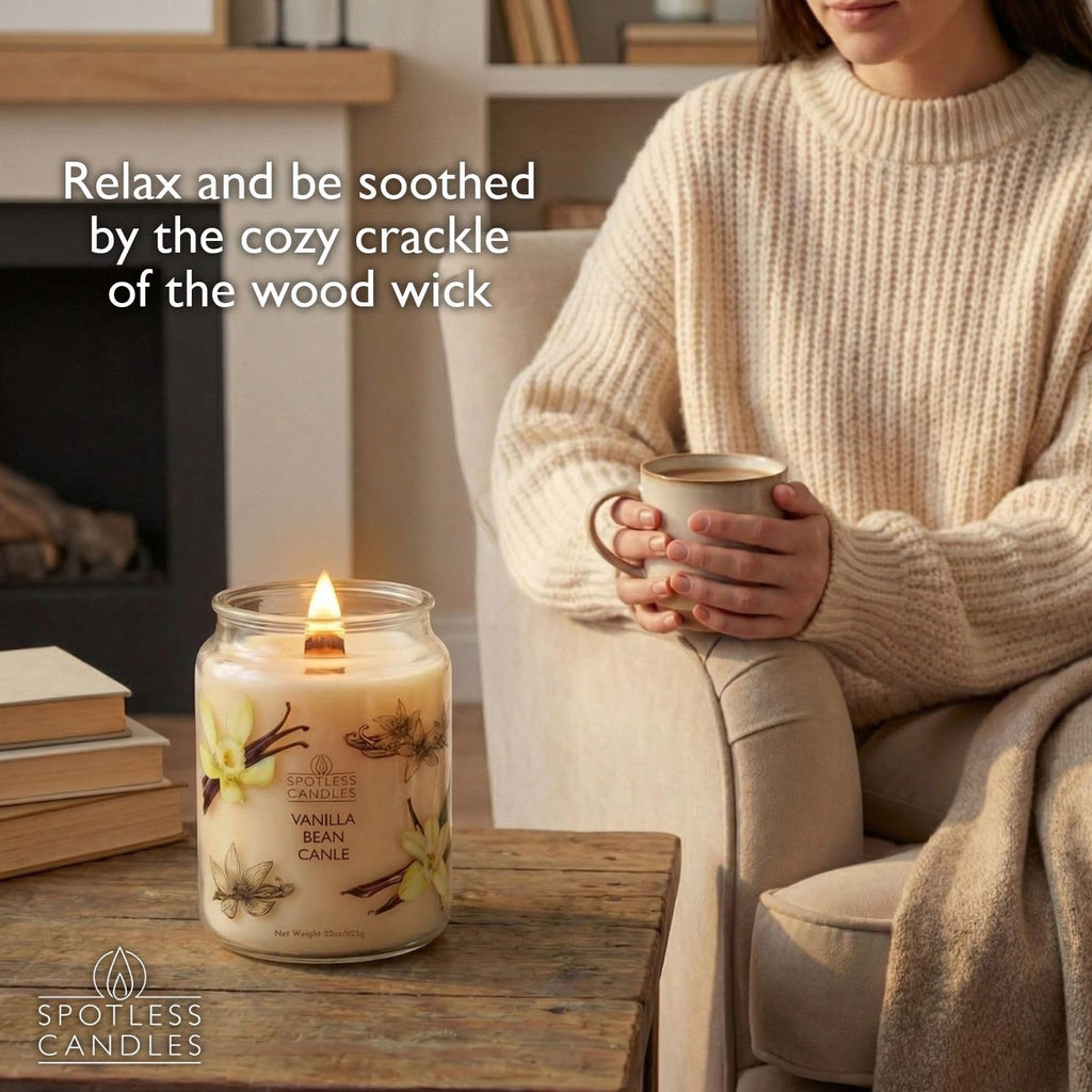 Vanilla Bean Candle 22oz: Upto 130 Hours Burn Time, Crackling Wooden Wick in Large Candle Jar with a Luxury Gift Box