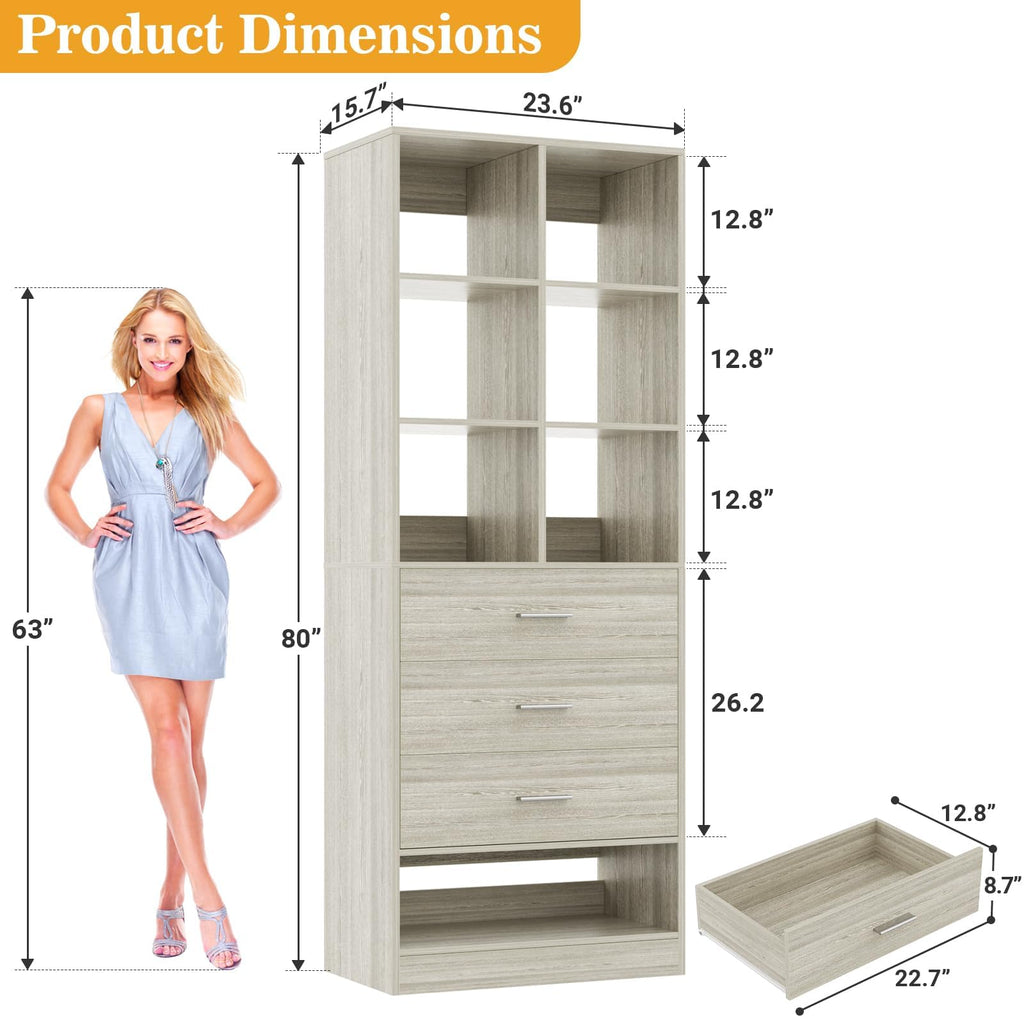 Closet System Organizer with 3 Drawers and Partition Storage, Freestanding Wardrobe Organizer Modular with Shoe