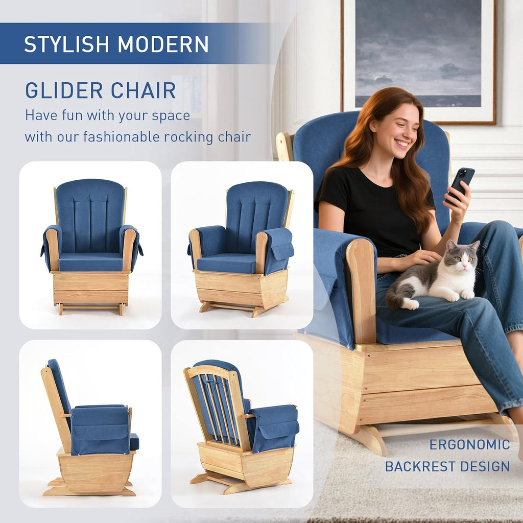 Glider Rocking Chair for the Nursery with Ottoman, 3A Solid Rubberwood Frame, Smooth-Gliding Rocking Chair Easy to
