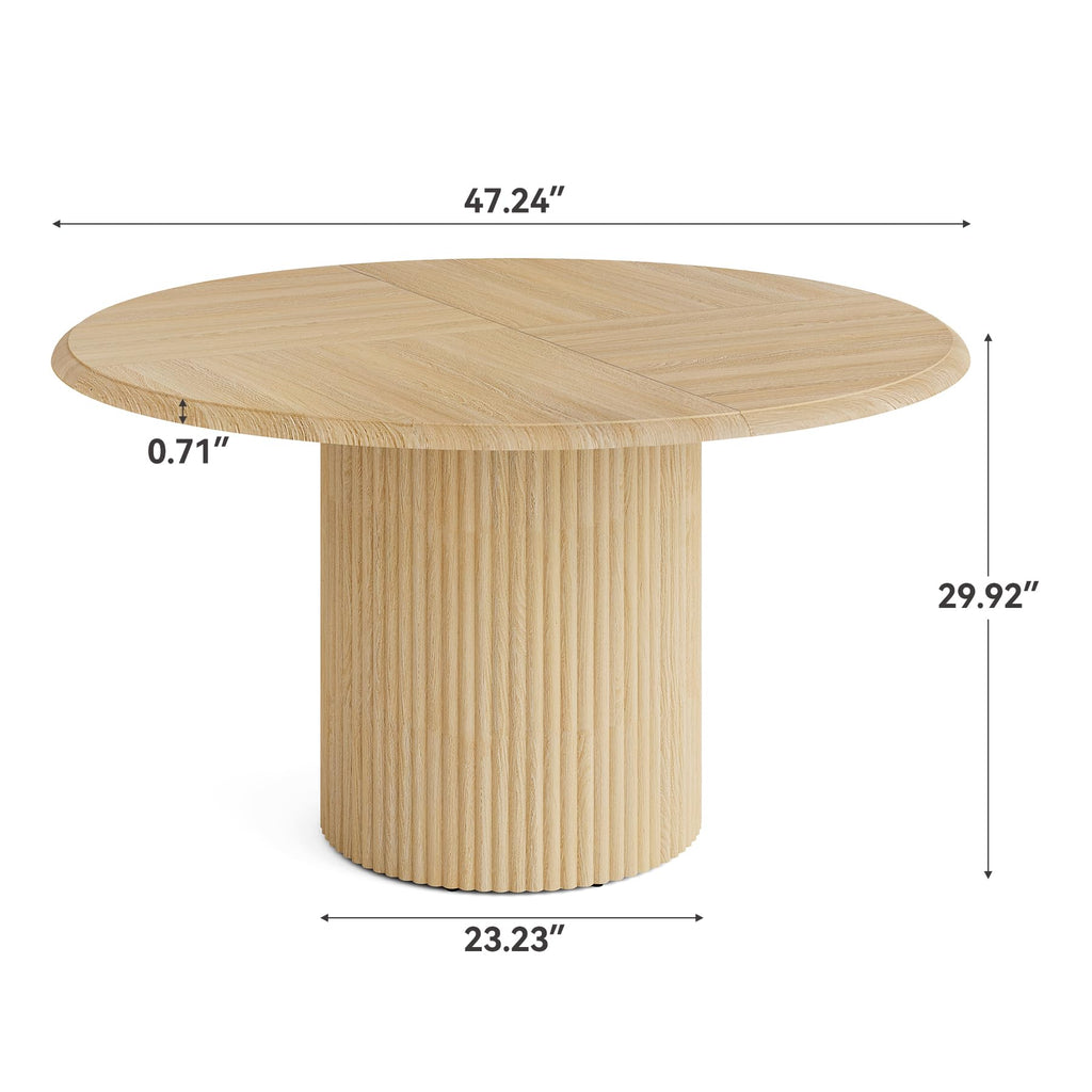 47 Inches Round Dining Table for 4, Farmhouse Natural Wooden Dining Room Table with Heavy Duty Fluted Pedestal, Large
