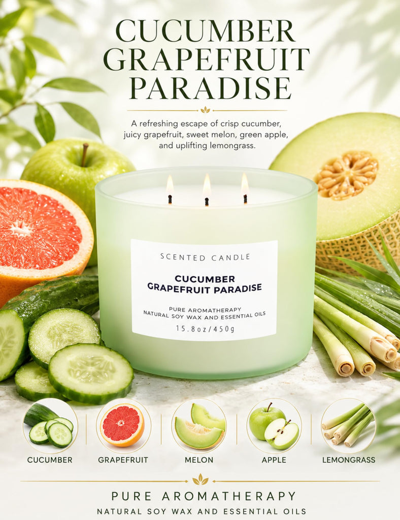 Cucumber Grapefruit Melon 3-Wick Soy Summer Scented Candle 15.8oz