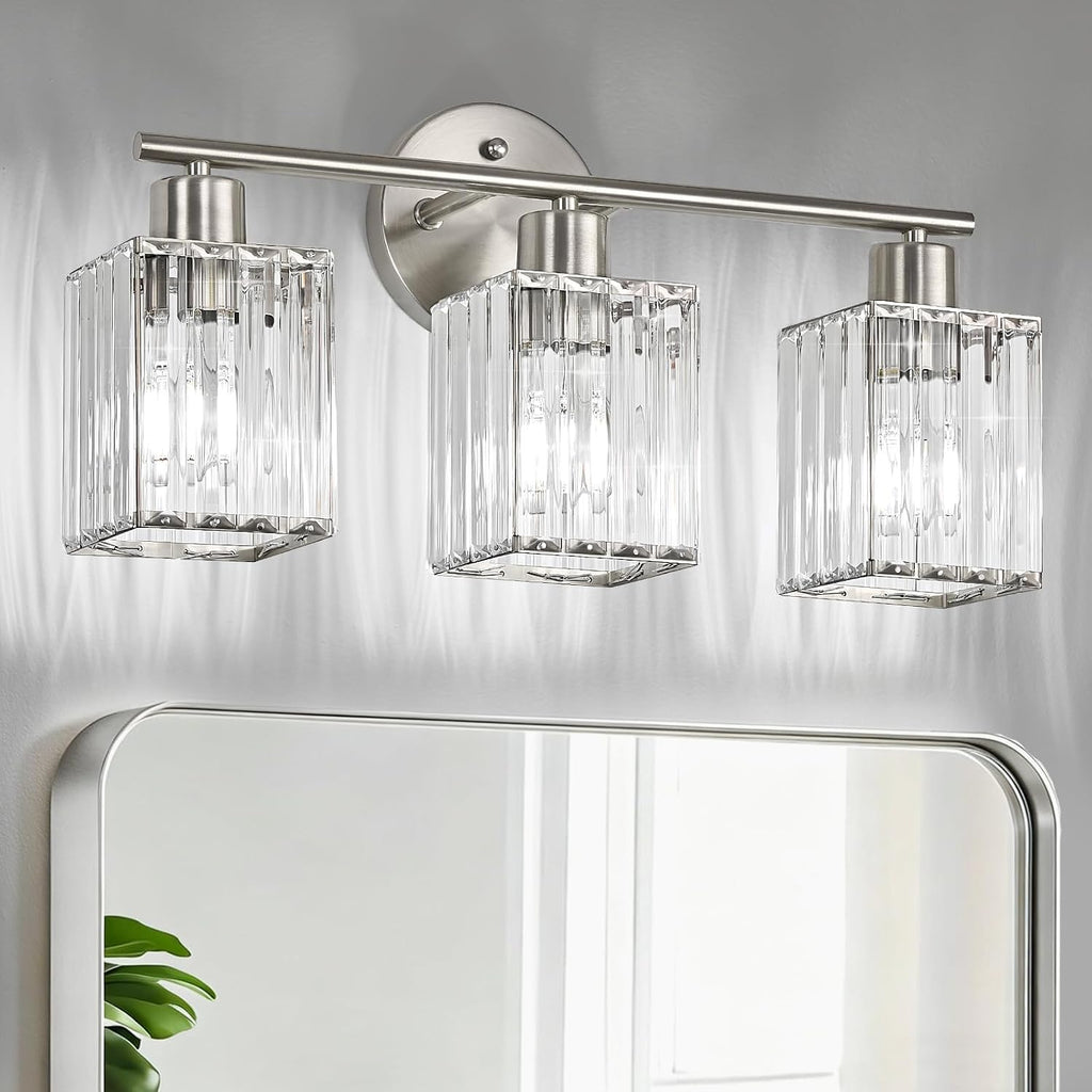 3 Light Bathroom Light Fixtures, Modern Crystal Vanity Lights over Mirror | Metal Frame, Bathroom Light with Square