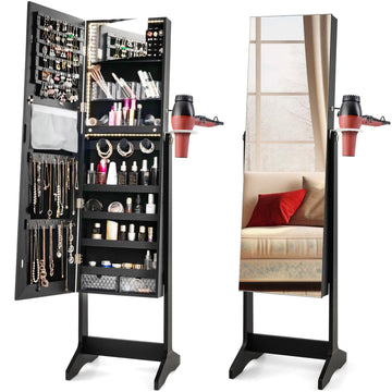 Jewelry Cabinet Armoire with Full Length Mirror, Flip-open Vanity Mirror, 3 Color LED Lights, Hair Dryer Holder