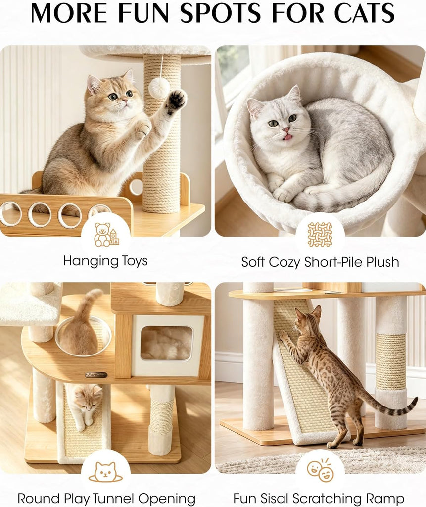 70" Wood Cat Tree for Large Cats, Tall Cat Tower, Reinforced Base