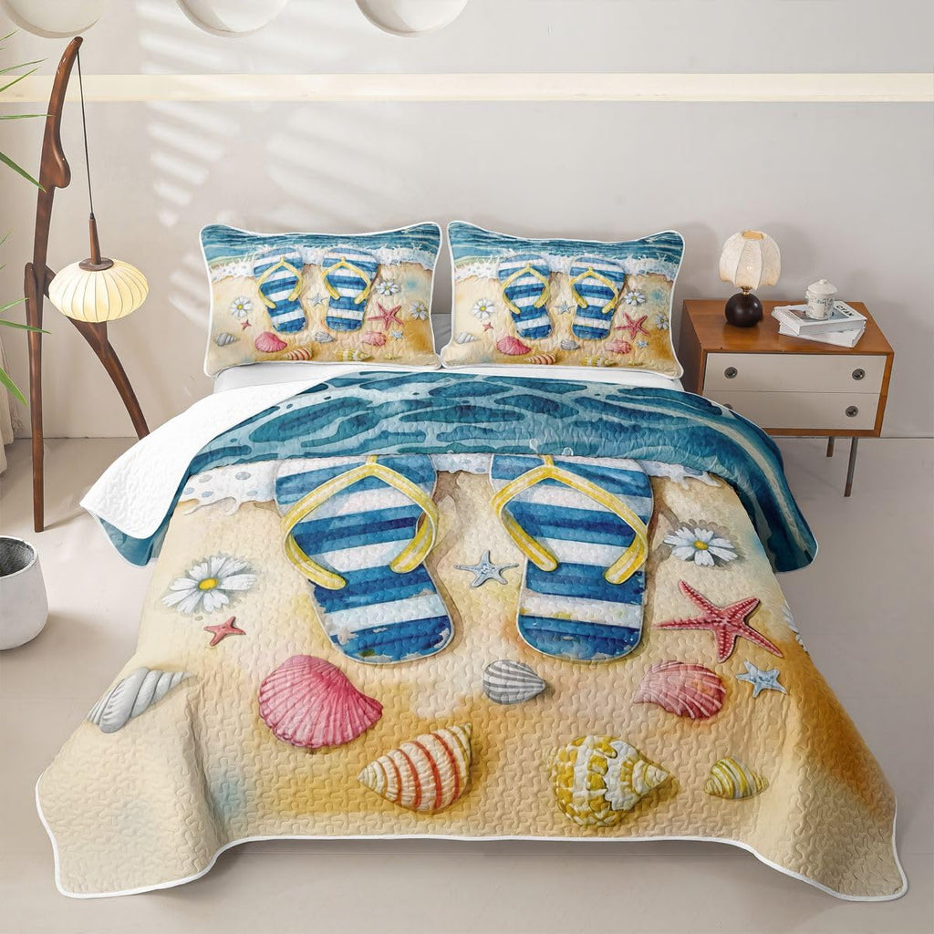Flip Flop Quilted Bedspread Set, Seashell Starfish Microfiber Lightweight, Tropical Beach Quilt Sets for All