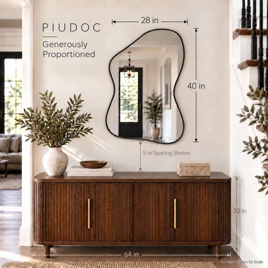 28"x40" Irregular Wall Mirror with Black Frame, Asymmetrical Abstract Decorative Mirror