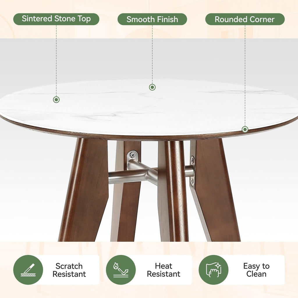 31.5" Round Dining Table, Modern Sintered Stone Kitchen Table with Solid Wood Legs, Small Space, Glossy White & Brown
