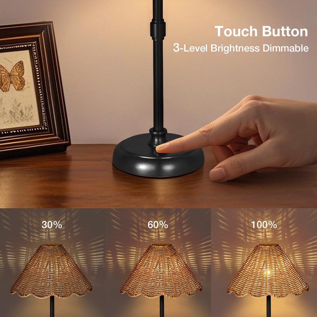 Cordless Boho Rattan Table Lamp Black, 5200-mAh Rechargeable Battery, 3-Level Brightness Dimmable, Build