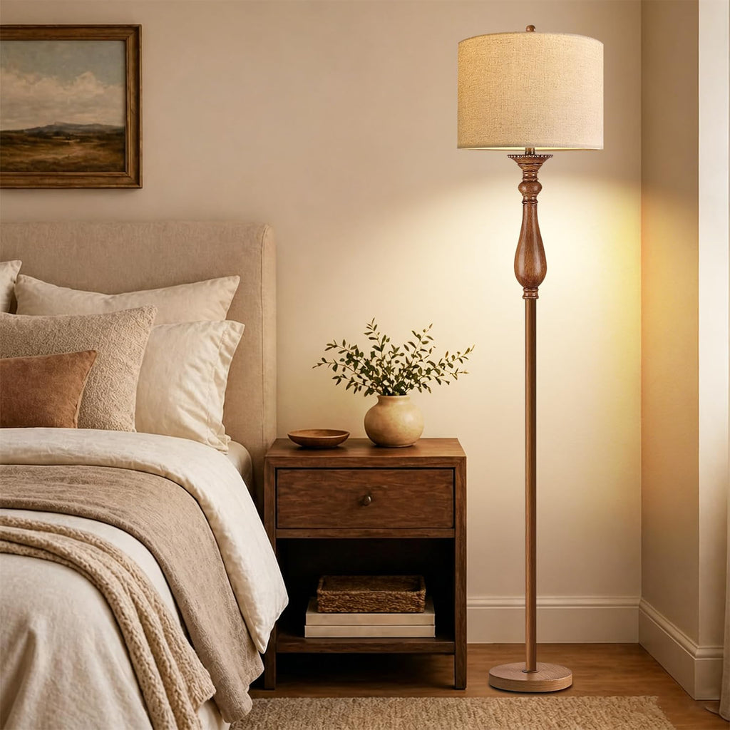 Wood Floor Lamps Farmhouse Boho Floor Lamp with Remote Control & 3 Color Temperature,Dimmable Vintage Floor Lamp Mid