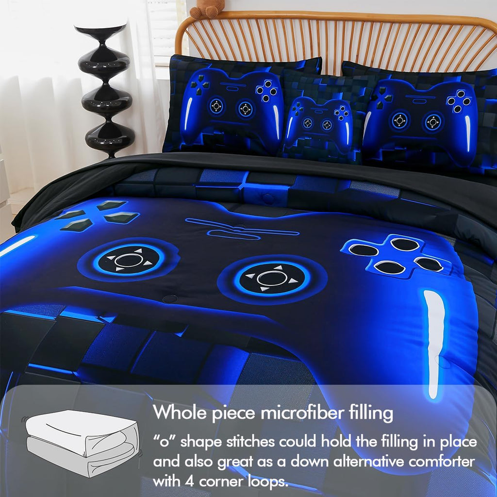 Twin Bed in A Bag 6 Pieces Gaming Bedding Set for Boys Blue Gamer Comforter with Sheet Set for Kids Teen Cool Video