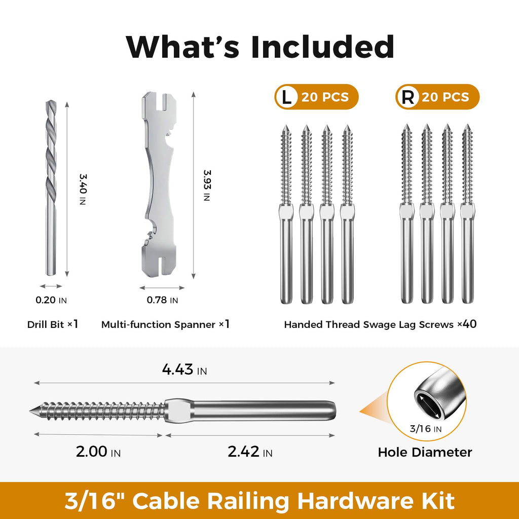 40 Pack 3/16" Stainless Steel Cable Railing kit for Wood Post