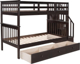 Wood Twin Over Twin Bunk Bed with Drawers and Stairs