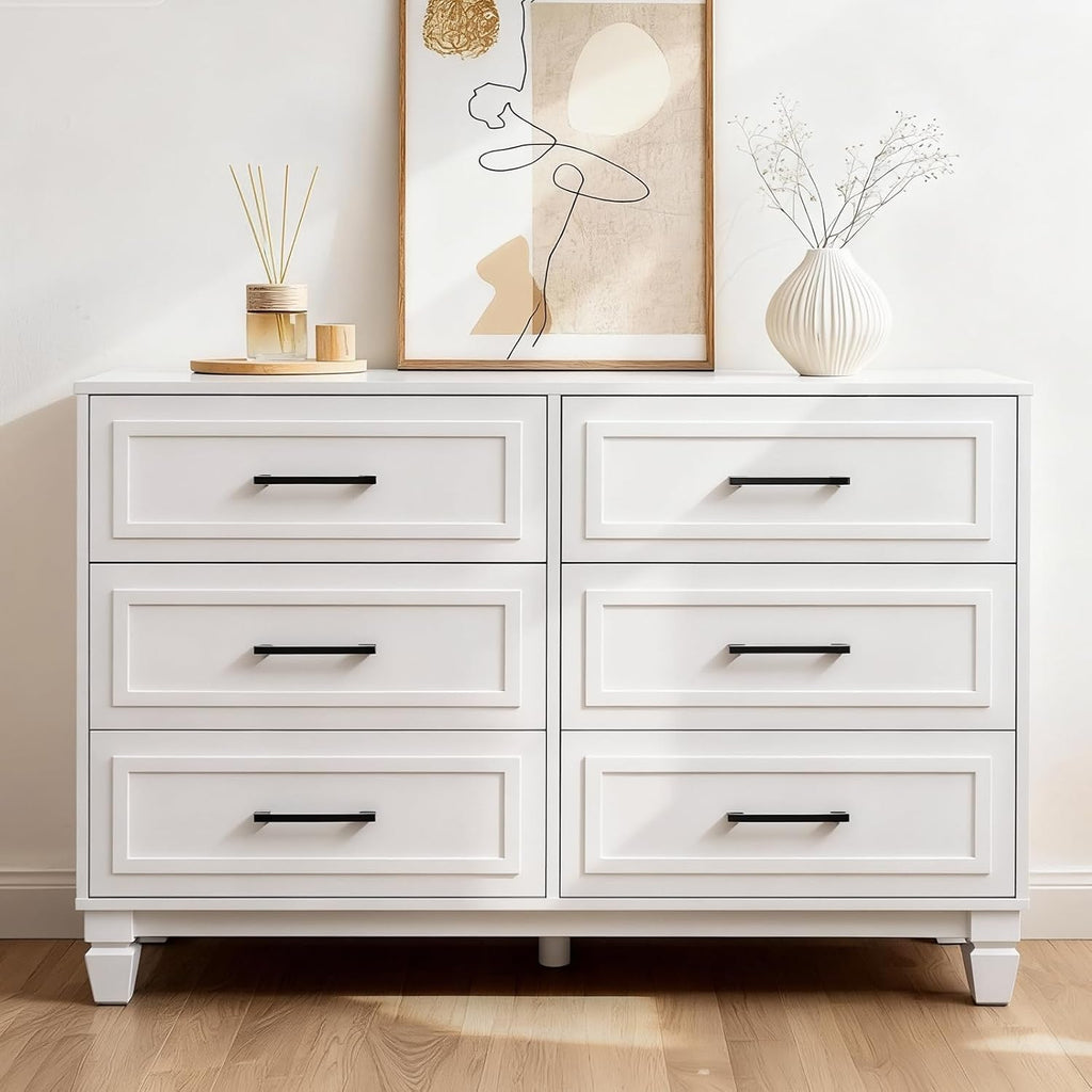 Farmhouse 6 Drawers Dresser , White Dressers with Unique Solid Wood Legs, Modern Wide Chest Dressers for Clothes