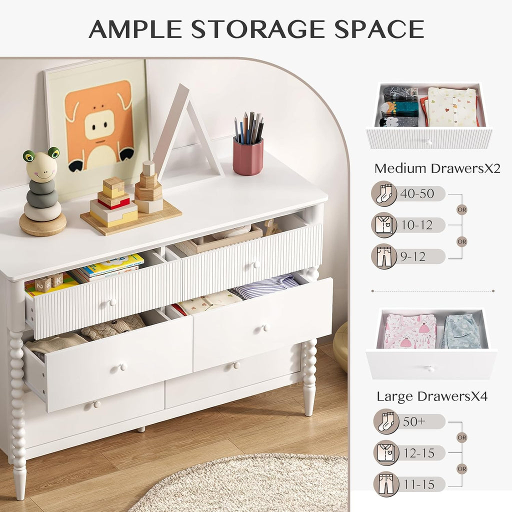 White Nursery Dresser for Kids Bedroom, 6 Drawers for Storage | Jenny Lind Spindle Legs Dresser, Baby Clothes