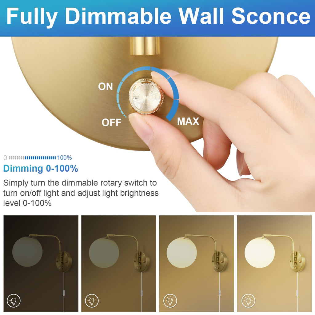 Dimmable Wall Sconces Plug in, Swing Arm Wall Lights with Plug in Cord and Dimmer On/Off Knob Switch, Dimmable Wall