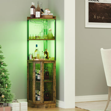 Corner Bar Cabinet with Power Outlet and LED Strip, 65" H 5-Tier Corner Liquor Wine Display Cabinet, Storage
