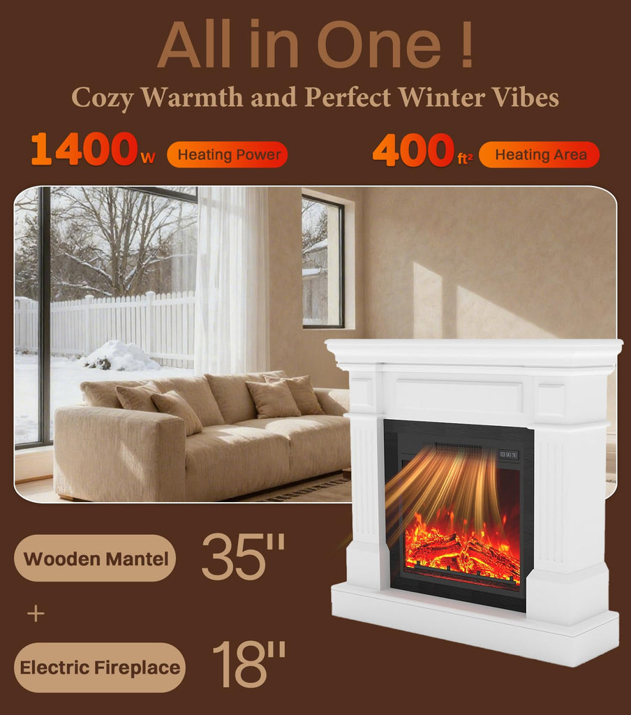 35" White Electric Fireplace with Mantel, TV Stand, with 18" Fireplace Heater