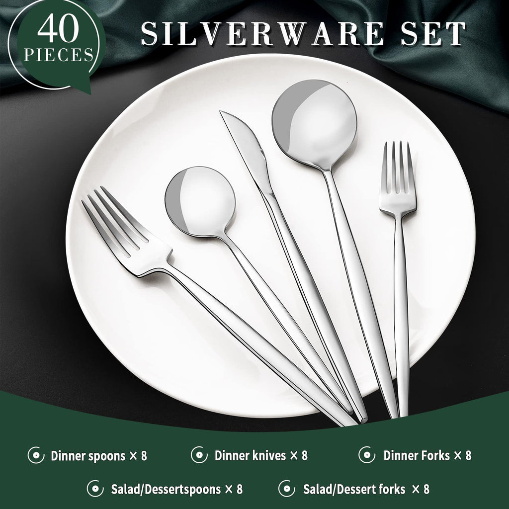 40-Piece Silverware Set for 8, Stainless Steel Flatware Cutlery Set Included Knife Spoon and Fork, Kitchen Utensils